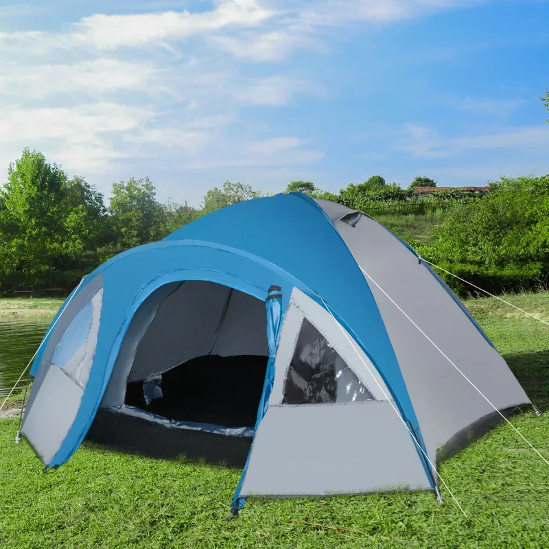 Tienda de Campaña para 3 Personas con Ventanas 2 Bolsillos y Bolsa de Transporte 250x300x130 cm Gris y Azul - Ogal.Es