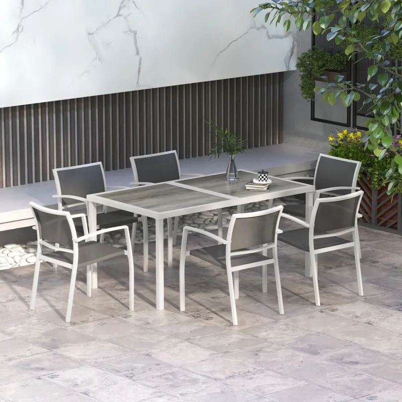 Juego de Comedor de Jardín de 7 Piezas con 1 Mesa y 6 Sillas Apilables Estilo Moderno para Terraza Patio Blanco ... - Ogal.Es