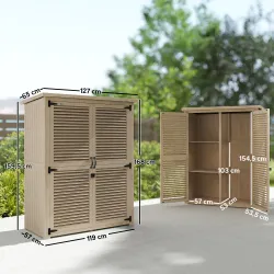 Armario de Jardín 0,83 m² 127x65x168 cm con 2 Puertas de Persiana 2 Estantes 2 Asas y Techo Impermeable Natural - Ogal.Es