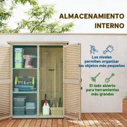 Armario de Jardín 0,83 m² 127x65x168 cm con 2 Puertas de Persiana 2 Estantes 2 Asas y Techo Impermeable Natural - Ogal.Es