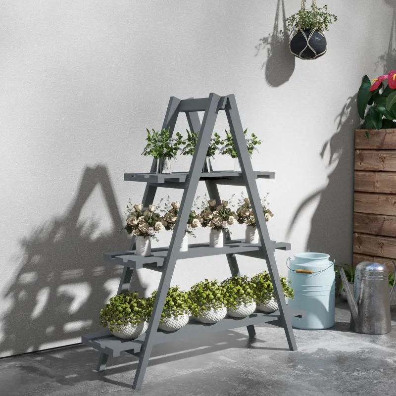 Soporte para Plantas Plegable de Madera Estantería para Macetas de 3 Niveles con Marco en A 100x36x112 cm Gris - Ogal.Es
