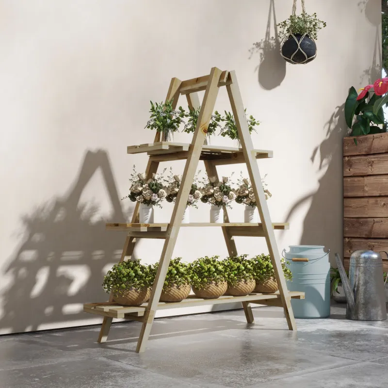Soporte para Plantas Plegable de Madera Estantería para Macetas de 3 Niveles con Marco en A 100x36x112 cm Natural - Ogal.Es