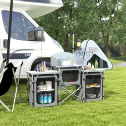 Mueble de Cocina para Camping Plegable con 3 Mesas 4 Ganchos Poste de Luz y Bolsa de Transporte 172x48x130 cm Gris - Ogal.Es