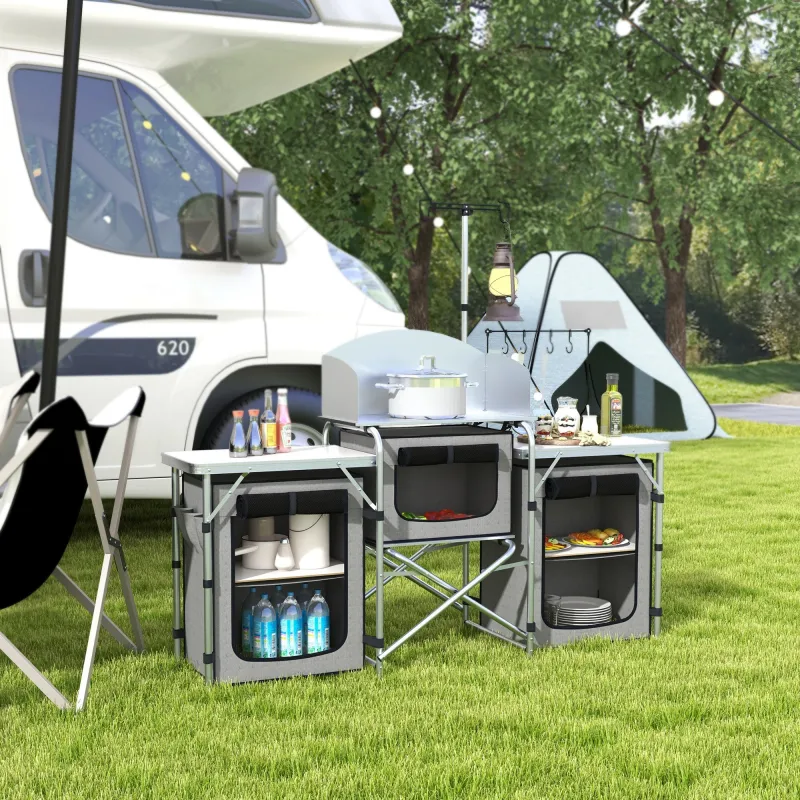 Mueble de Cocina para Camping Plegable con 3 Mesas 4 Ganchos Poste de Luz y Bolsa de Transporte 172x48x130 cm Gris - Ogal.Es