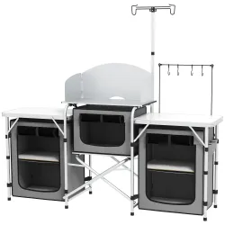 Mueble de Cocina para Camping Plegable con 3 Mesas 4 Ganchos Poste de Luz y Bolsa de Transporte 172x48x130 cm Gris - Ogal.Es