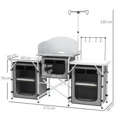 Mueble de Cocina para Camping Plegable con 3 Mesas 4 Ganchos Poste de Luz y Bolsa de Transporte 172x48x130 cm Gris - Ogal.Es