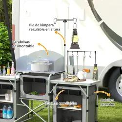 Mueble de Cocina para Camping Plegable con 3 Mesas 4 Ganchos Poste de Luz y Bolsa de Transporte 172x48x130 cm Gris - Ogal.Es