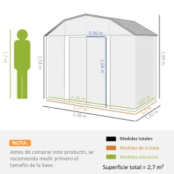 Caseta de Exterior Metálica 2,7 m² 238x132x198,5 cm con Base Estantes Ajustables 2 Puertas Corredizas y 2 Ventan... - Ogal.Es