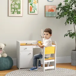 Escritorio para Niños con Silla Conjunto de Escritorio de 2 Piezas con Cajón y Armario Blanco y Natural - Ogal.Es