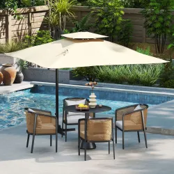 Sombrilla de Jardín 300x300 cm Parasol de Aluminio con Manivela Poste Giratorio 360° Doble Techo Inclinable Caqui - Ogal.Es