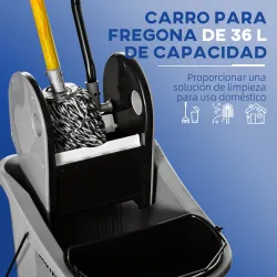 Cubo de Fregona con Ruedas 36L Carro de Limpieza con Escurridor de Presión y 2 Cubetas Separadas 54x41x91,5cm Gris - Ogal.Es