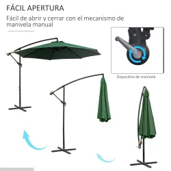 Sombrilla de Jardín Ø300x250 cm Parasol Excéntrico Inclinable con Manivela Base Cruzada y Soporte de Acero Verde - Ogal.Es