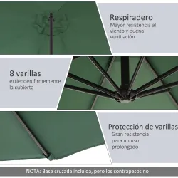 Sombrilla de Jardín Ø300x250 cm Parasol Excéntrico Inclinable con Manivela Base Cruzada y Soporte de Acero Verde - Ogal.Es