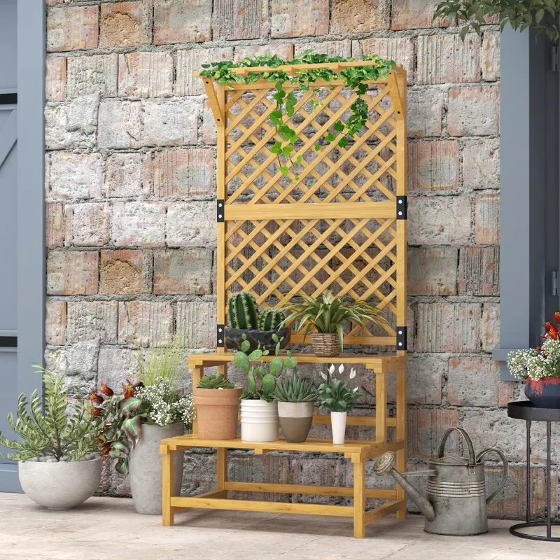 Soporte para Plantas de 2 Niveles con Celosía Enrejado con 2 Estantes de Madera para Jardín Terraza 75x50x166 cm... - Ogal.Es