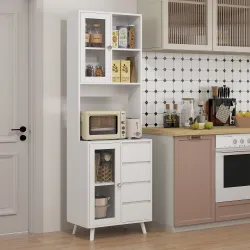 Alacena de Cocina Aparador con 2 Puertas de Vidrio Compartimentos 4 Cajones y Estantes Ajustables 60x35x180 cm B... - Ogal.Es