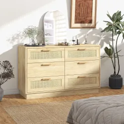 Cómoda de Madera con 6 Cajones de Rejilla de Ratán Estilo Bohemio Mueble Cajonera para Salón Oficina 110x40x69 c... - Ogal.Es