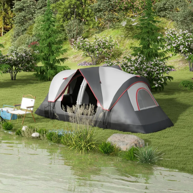 Tienda de Campaña Plegable con 2 Habitaciones y Bolsa de Transporte Impermeable para Senderismo 450x215x180 cm Gris - Ogal.Es