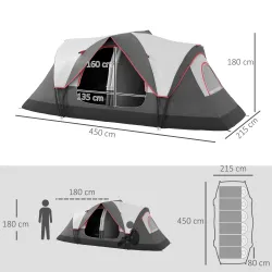 Tienda de Campaña Plegable con 2 Habitaciones y Bolsa de Transporte Impermeable para Senderismo 450x215x180 cm Gris - Ogal.Es