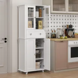 Alacena de Cocina Despensa Armario de Cocina con 2 Puertas de Vidrio Templado Cajón 61x35x168,5 cm Blanco - Ogal.Es