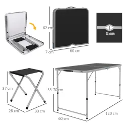 Mesa de Camping Plegable Tipo Maletín con 4 Taburetes plegables Mesa 120x60x55-70 cm y Taburetes 33x28x37 cm Negro - Ogal.Es