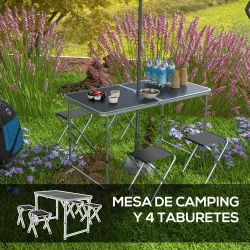 Mesa de Camping Plegable Tipo Maletín con 4 Taburetes plegables Mesa 120x60x55-70 cm y Taburetes 33x28x37 cm Negro - Ogal.Es