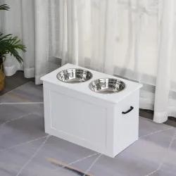 Cuencos para Perros con 2 Tazones de Acero Inoxidable y Espacio de Almacenaje Oculto 60x30x41 cm Blanco - Ogal.Es