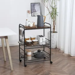 Carrito Auxiliar con Ruedas de 3 Niveles Carrito de Cocina con 2 Cestas y 4 Ganchos 60x38x85,5 cm Marrón&nbsp;Rústico - Ogal.Es