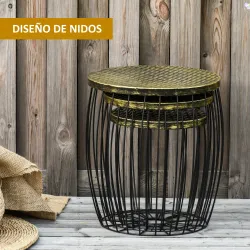 Juego de 3 Mesas Auxiliares Apilables para Jardín de Estilo Industrial Mesas de Metal con Encimera Imitación Rat... - Ogal.Es