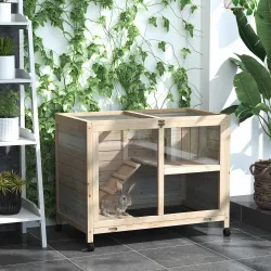 Conejera de Madera con Ruedas 91,5x53,3x73 cm Jaula para Conejos de 2 Niveles con Techo Abatible Natural - Ogal.Es