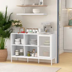 Aparador de Cocina Aparador Blanco con Puerta de Malla 4 Compartimentos Abiertos y Estante Ajustable 120x37x81,5 cm - Ogal.Es