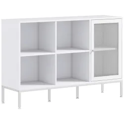 Aparador de Cocina Aparador Blanco con Puerta de Malla 4 Compartimentos Abiertos y Estante Ajustable 120x37x81,5 cm - Ogal.Es