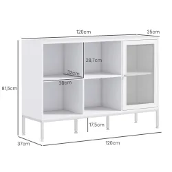 Aparador de Cocina Aparador Blanco con Puerta de Malla 4 Compartimentos Abiertos y Estante Ajustable 120x37x81,5 cm - Ogal.Es
