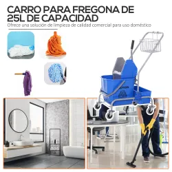 Carro de Limpieza Profesional con Cubo de Fregado Extraíble de 25 Litros y Escurridor de Prensa 72x49,5x95 cm Azul - Ogal.Es