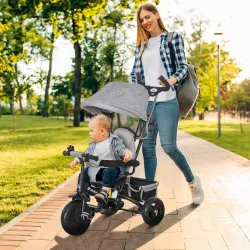 Triciclo Evolutivo para Niños +12 Meses con Toldo Plegable Mango de Empuje Telescópico y Cinturón de Seguridad Gris - Ogal.Es