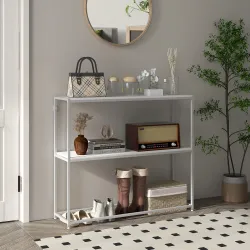 Mesa de Entrada con Estante Abierto y Estructura de Acero Antivuelco para Salón Pasillo 100x30x87 cm Blanco - Ogal.Es