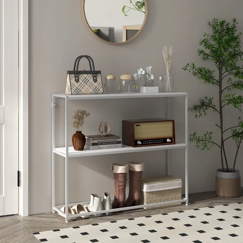 Mesa de Entrada con Estante Abierto y Estructura de Acero Antivuelco para Salón Pasillo 100x30x87 cm Blanco - Ogal.Es