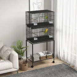 Pajarera Doble Apilable 77x46x164 cm con Ruedas Perchas Bandeja Extraíble Columpio y Escalera Negro - Ogal.Es