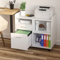 Armario para Impresora con 3 Compartimentos 2 Cajones para Archivos Estante Ajustable Ruedas 80x40x72 cm Blanco - Ogal.Es