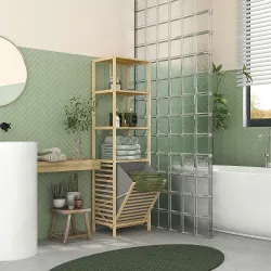 Estantería de Almacenaje Mueble de Baño con 3 Estantes y 1 Cesto para Ropa Sucia Desmontable 44x33x160 cm Natural - Ogal.Es