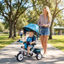 Triciclo Evolutivo para Niños +12 Meses con Toldo Plegable Mango de Empuje Telescópico y Cinturón de Seguridad Azul - Ogal.Es