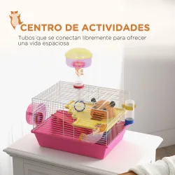 Jaula para Hámster con Cuenco Bebedero Rueda de Ejercicio Torre de Observación y Casita 34x27x25 cm Rosa - Ogal.Es