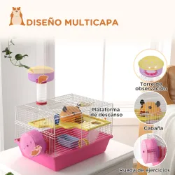 Jaula para Hámster con Cuenco Bebedero Rueda de Ejercicio Torre de Observación y Casita 34x27x25 cm Rosa - Ogal.Es
