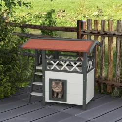 Caseta para Gatos de 2 Niveles 77x50x73 cm Refugio para Gatos con Techo Asfáltico Escalera y Balcón para Exterio... - Ogal.Es