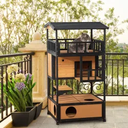 Caseta para Gatos de Madera 75,5x75x137 cm con Techo Asfáltico Plataformas para Interior y Exterior Natural - Ogal.Es