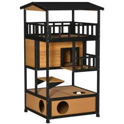 Caseta para Gatos de Madera 75,5x75x137 cm con Techo Asfáltico Plataformas para Interior y Exterior Natural - Ogal.Es