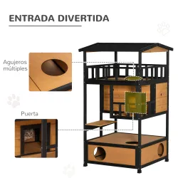 Caseta para Gatos de Madera 75,5x75x137 cm con Techo Asfáltico Plataformas para Interior y Exterior Natural - Ogal.Es