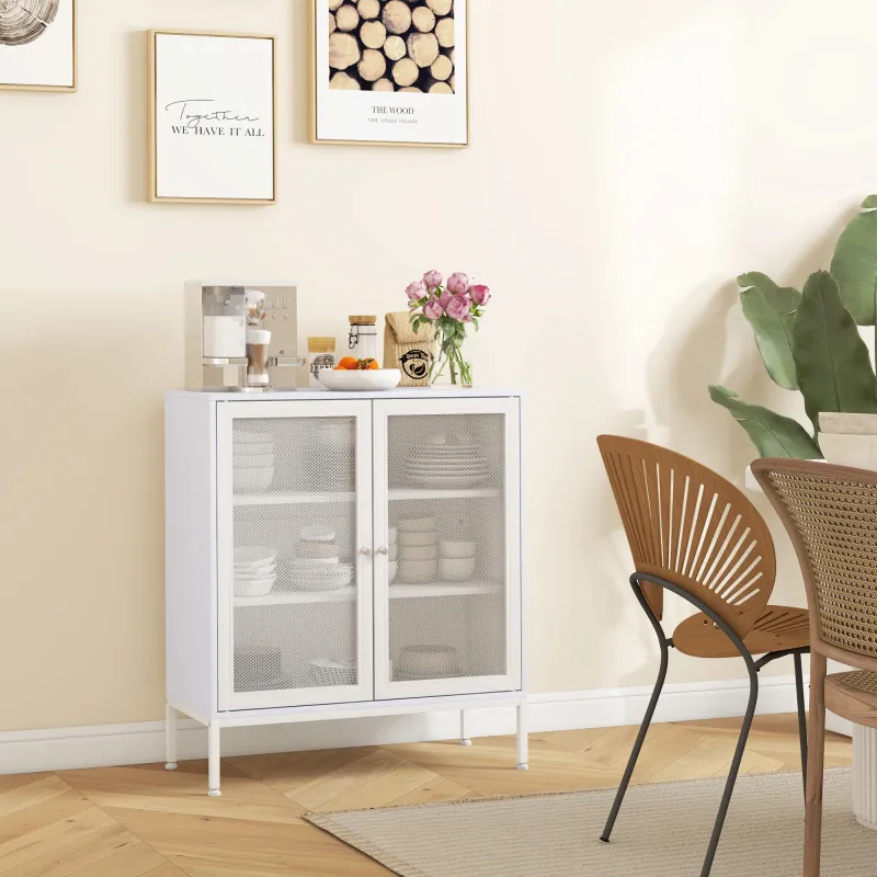 Aparador para Comedor Mueble Auxiliar con Puertas de Rejilla Metálica y Estantes Ajustable 80x37x92 cm Blanco - Ogal.Es