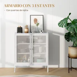 Aparador para Comedor Mueble Auxiliar con Puertas de Rejilla Metálica y Estantes Ajustable 80x37x92 cm Blanco - Ogal.Es