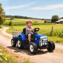 Tractor Eléctrico con Remolque para Niños 3-6 Años con Control Remoto y Cinturón de Seguridad 136,5x50x52,5 cm Azul - Ogal.Es