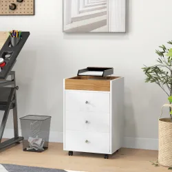 Cajonera de Oficina con 4 Ruedas 3 Cajones y 1 Bandeja Extraíble Carga 30 kg 43x40x66,5 cm Blanco y Natural - Ogal.Es